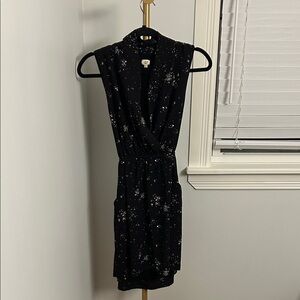 Aritzia Wilfred Sabine faux-wrap mini dress in black with a speckled print